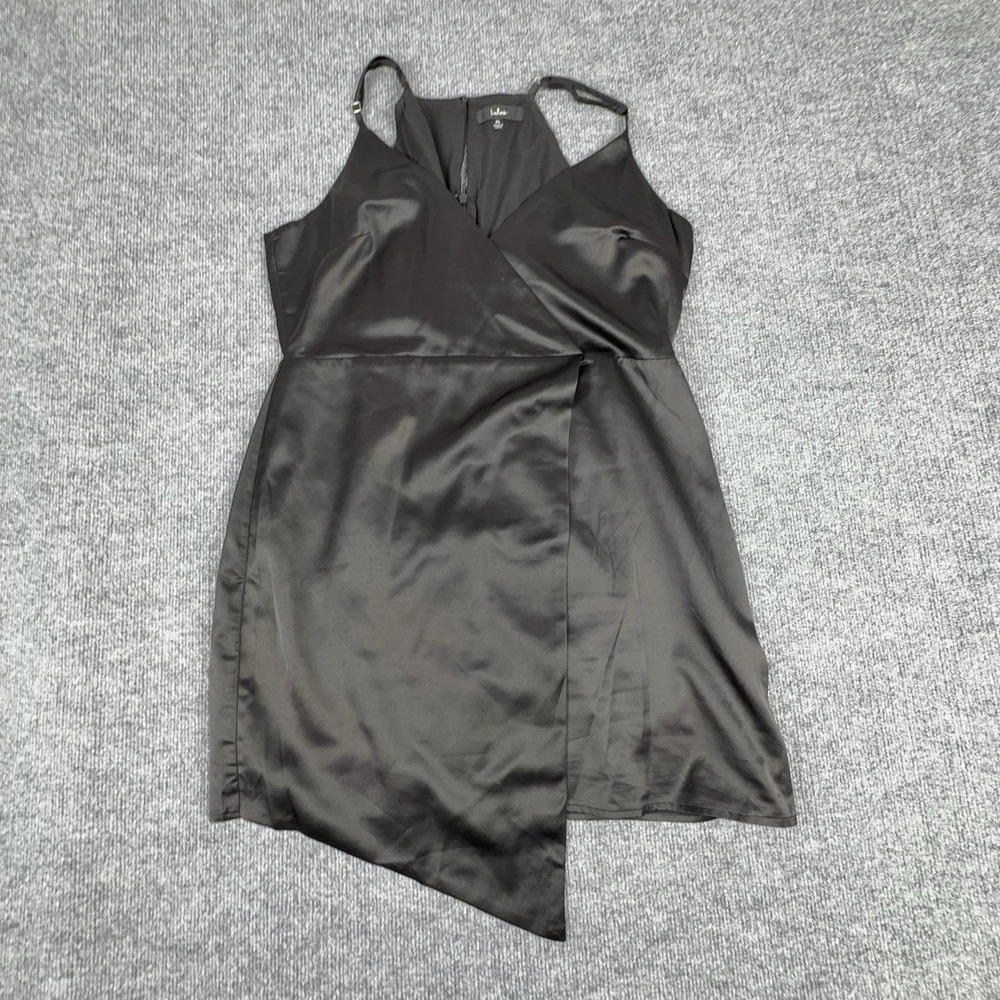 Lulus Dress Womens XL Black Satin Wrap Slip Asymmetrical Hem Mini Party Cocktail